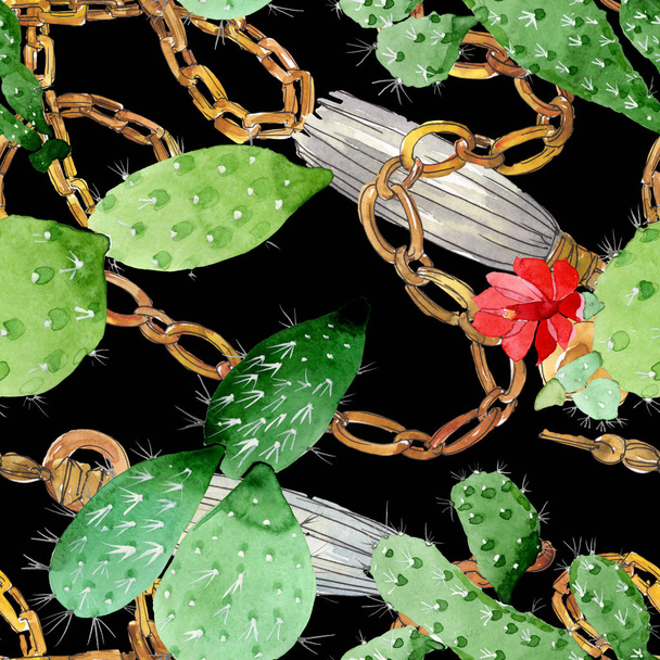 Groene cactus bloemen botanische bloemen. Aquarel achtergrond illustratie instellen. Naadloos achtergrond patroon. - Foto, afbeelding