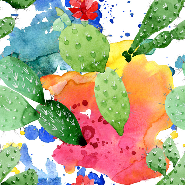 Green cactus floral botanical flowers. Watercolor background illustration set. Seamless background pattern. - Фото, зображення