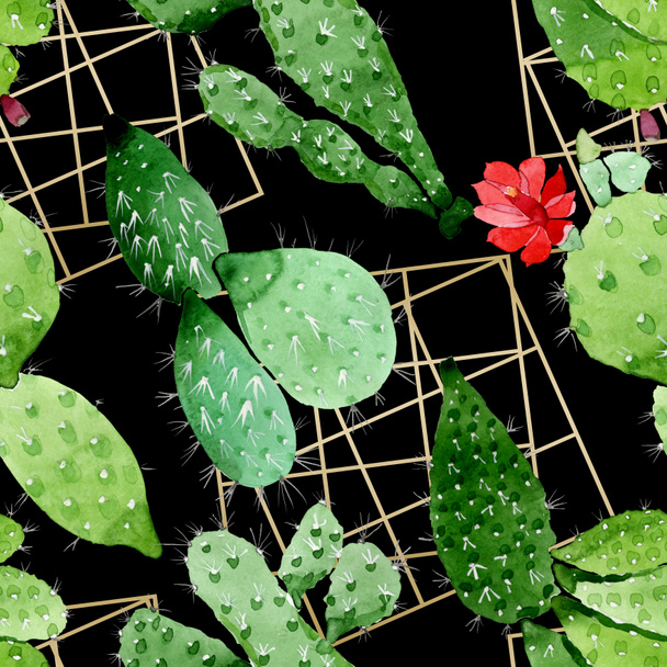 Flores botánicas florales de cactus verde. Conjunto de ilustración de fondo acuarela. Patrón de fondo sin costuras
. - Foto, imagen