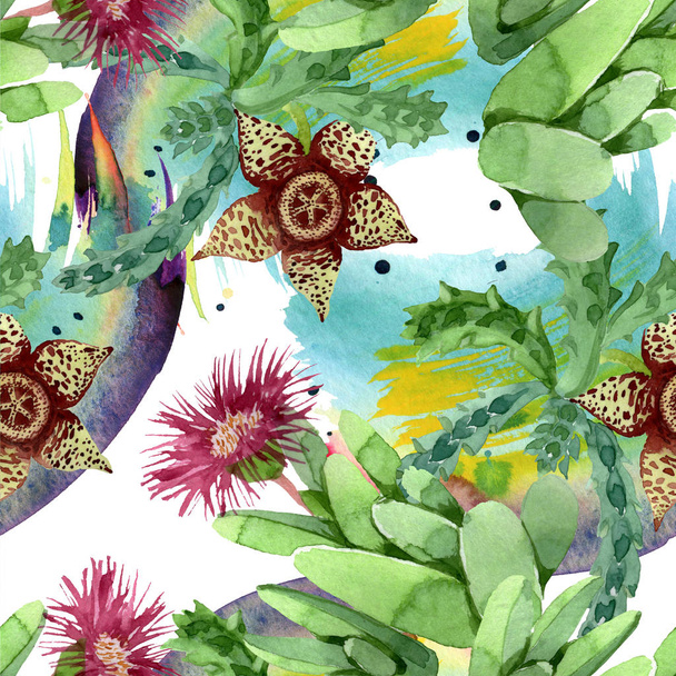 Green cactus floral botanical flower. Watercolor background illustration set. Seamless background pattern. - Fotó, kép