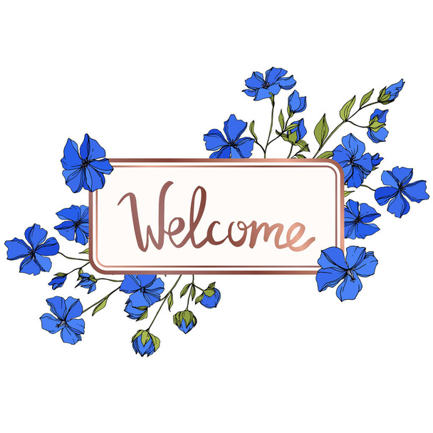 Vector Flax floral botanical flowers. Blue and green engraved ink art. Frame border ornament square. - Wektor, obraz