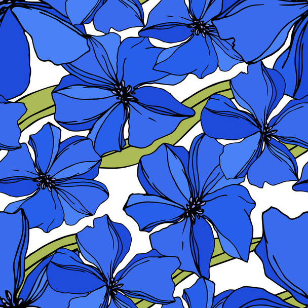 Vector Flax kwiatowy kwiatów botanicznych. Niebieska i zielona grawerowana sztuka atramentu. Płynny wzór tła. - Wektor, obraz