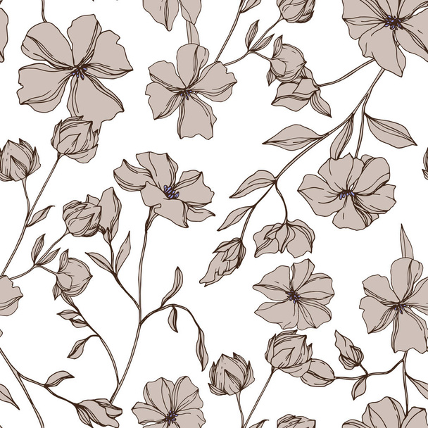 Vector Flax floral botanical flowers. Gray engraved ink art. Seamless background pattern. - Vecteur, image