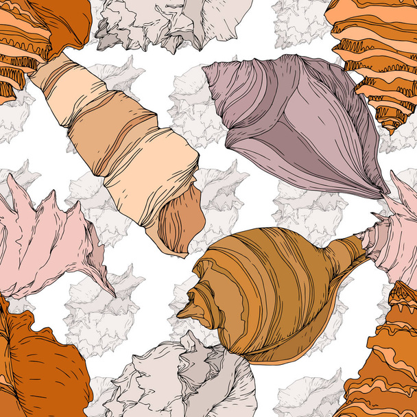 Summer beach seashell tropical elements. Black and white engraved ink art. Seamless background pattern. - Vector, Image