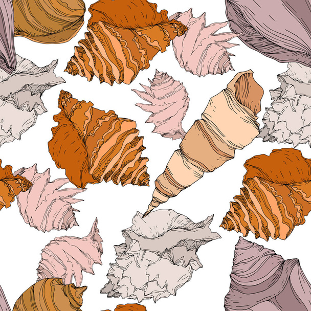 Summer beach seashell tropical elements. Black and white engraved ink art. Seamless background pattern. - ベクター画像