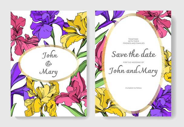 Iris fleurs botaniques florales. Encre gravée en noir et blanc. Carte de fond de mariage bordure décorative florale
. - Vecteur, image