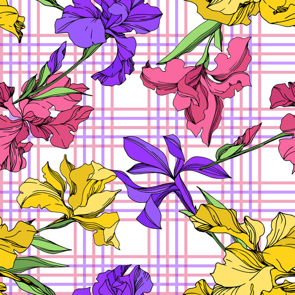 Iris floral botanical flowers. Black and white engraved ink art. Seamless background pattern. - Вектор, зображення