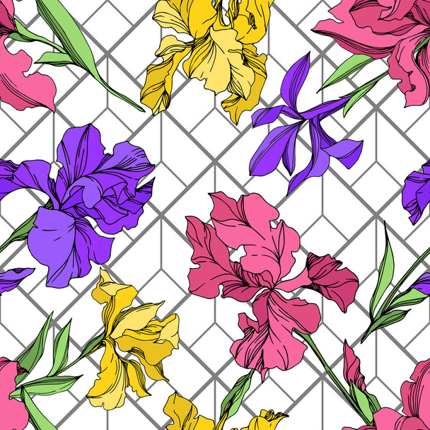 Iris floral botanical flowers. Black and white engraved ink art. Seamless background pattern. - Vetor, Imagem