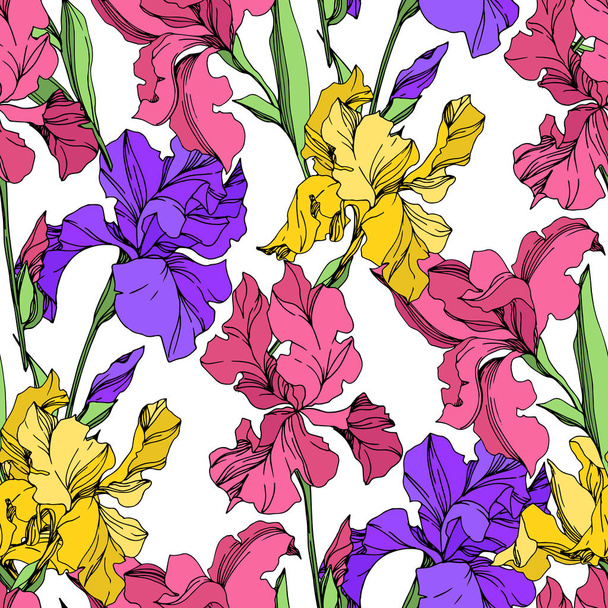 Iris floral botanical flowers. Black and white engraved ink art. Seamless background pattern. - Vettoriali, immagini