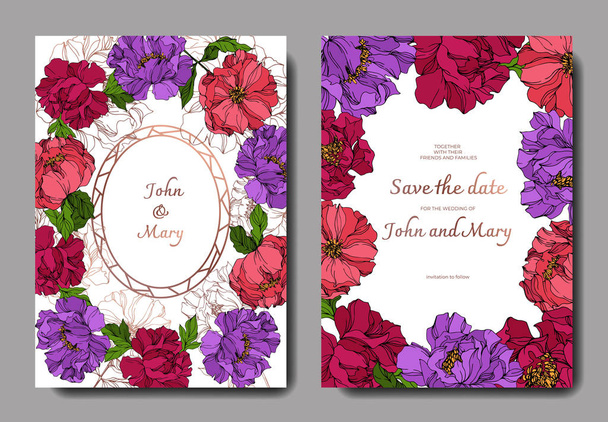 ピオニーの花の植物の花 インクアートを彫刻 結婚式の背景カード花の装飾的な境界線 ありがとう Rsvp 招待エレガントなカードイラストグラフィックセットバナー ロイヤリティフリーのベクターグラフィック画像
