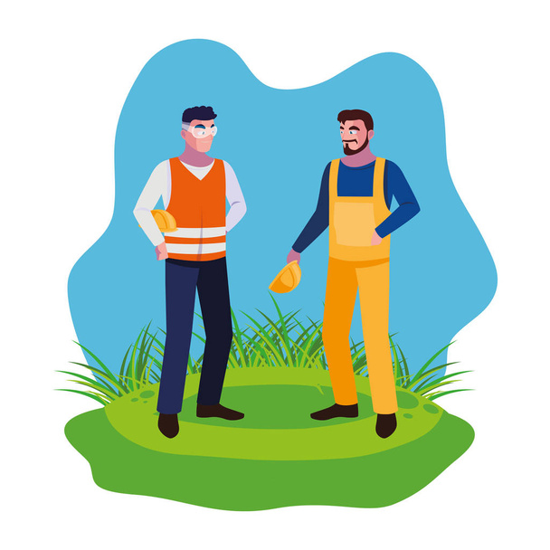 erkek inşaatçılar çim üzerinde işçi inşaatçılar - Vektör, Görsel