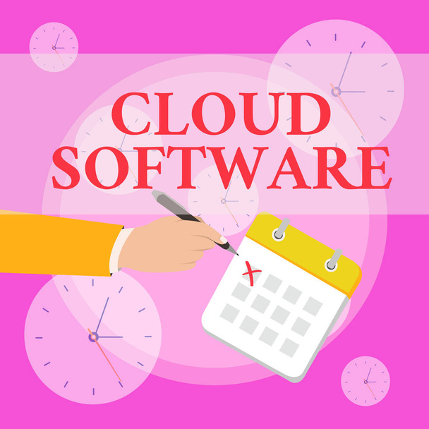 Writing note showing Cloud Software. Business photo showcasing Programs used in Storing Accessing data over the internet Formal Suit Crosses Off One Day Calendar Red Ink Ballpoint Pen. - Photo, Image