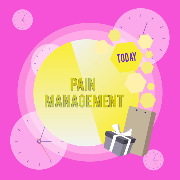 Conceptual hand writing showing Pain Management. Business photo showcasing a branch of medicine employing an interdisciplinary approach Greeting Card Poster Gift Package Box Decorated by Bowknot. - Photo, Image