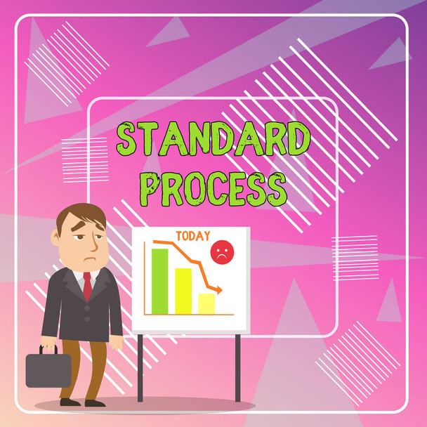 Word writing text Standard Process. Business concept for rules made to be matched with final product quality Businessman Clerk with Brief Case Standing Whiteboard Declining Bar Chart. - Photo, Image