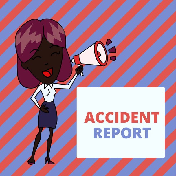 Writing note showing Accident Report. Business photo showcasing A form that is filled out record details of an unusual event Young Woman Speaking in Blowhorn Colored Backgdrop Text Box. - Фото, зображення