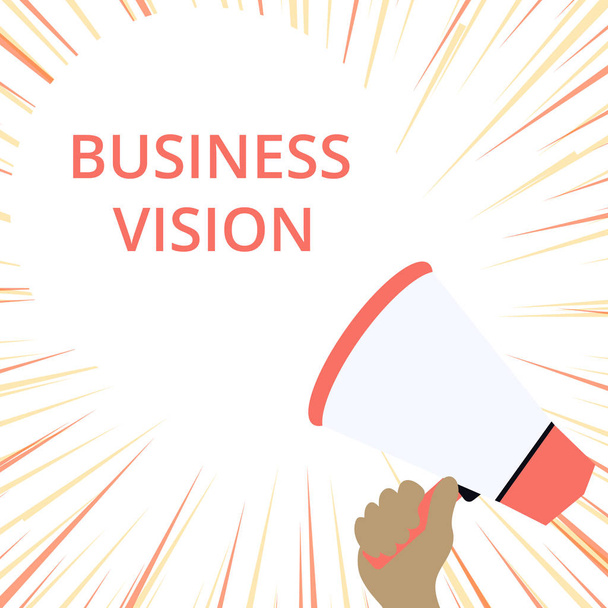 Текст для написания слов Business Vision. Бизнес-концепция для развития вашего бизнеса в будущем на основе ваших целей Ручной холдинг Loudhailer пустой круглый доклад Текст воздушного шара Объявление
. - Фото, изображение