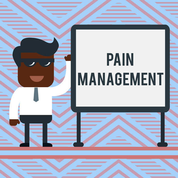 Word writing text Pain Management. Business concept for a branch of medicine employing an interdisciplinary approach Office Worker Sunglass Blank Whiteboard Meeting Presentation. - Photo, Image
