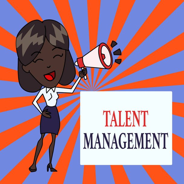Text sign showing Talent Management. Conceptual photo Acquiring hiring and retaining talented employees Young Woman Speaking into Blowhorn Volume Icon Colored Backgdrop Text Box. - Photo, Image