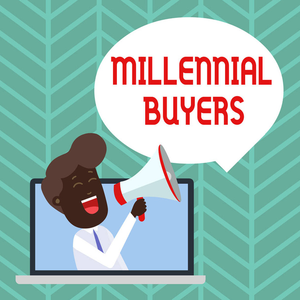 Writing note showing Millennial Buyers. Business photo showcasing Type of consumers that are interested in trending products Man Speaking Through Laptop into Loudhailer Bubble Announce. - 写真・画像