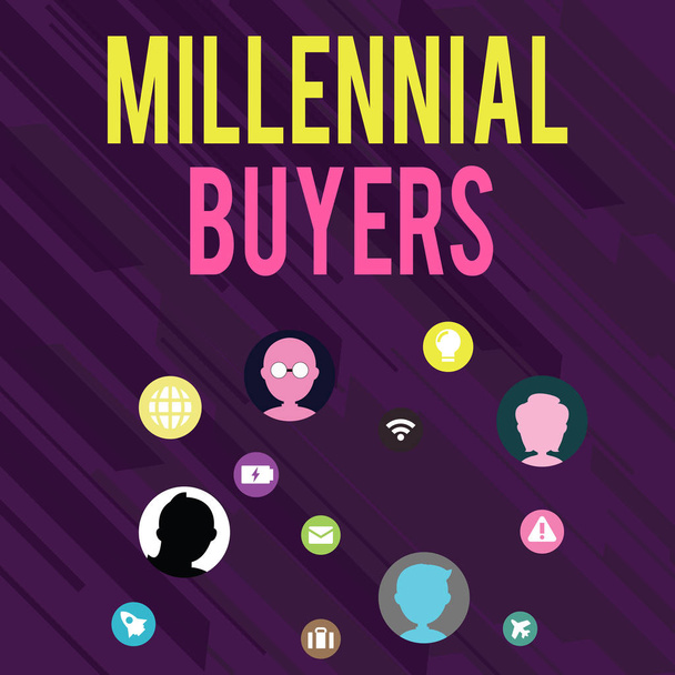 Conceptual hand writing showing Millennial Buyers. Business photo text Type of consumers that are interested in trending products Networking Technical Icons Chat Heads on Screen for Link Up. - 写真・画像