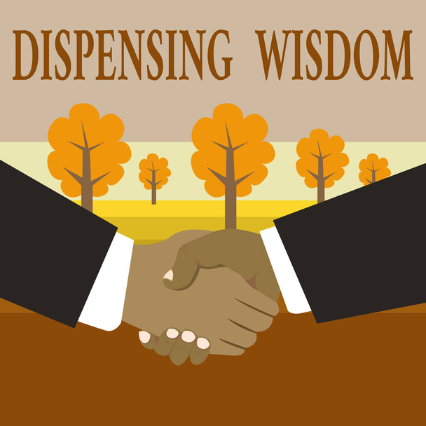Writing note showing Dispensing Wisdom. Business photo showcasing Giving intellectual facts on variety of subjects Hand Shake Multiracial Male Business Partners Formal Suits. - Photo, Image
