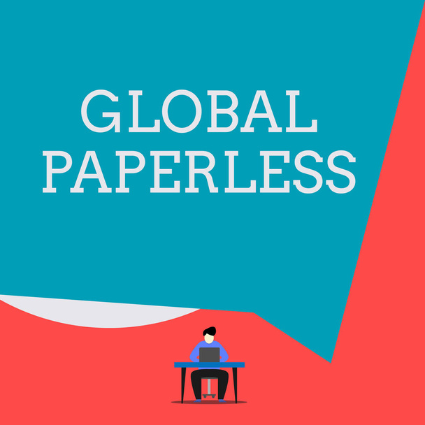 Escribiendo una nota que muestra Global Paperless. negocio foto escaparate va para los métodos de tecnología como el correo electrónico en lugar de papel hombre sentado silla escritorio trabajo portátil fondo geométrico
. - Foto, Imagen