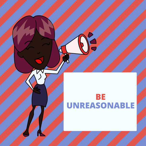 Writing note showing Be Unreasonable. Business photo showcasing Behaving not in accordance with practical realities Young Woman Speaking in Blowhorn Colored Backgdrop Text Box. - Photo, Image