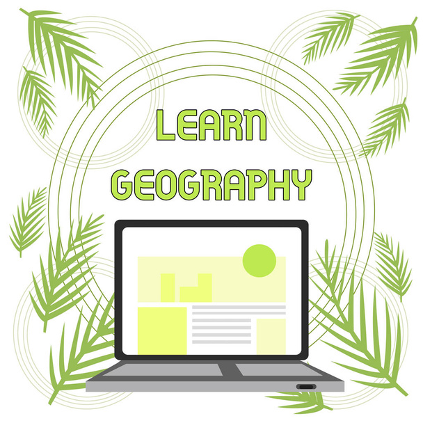 Handwriting text Learn Geography. Concept meaning study of physical features of earth and its atmosphere Open Modern Laptop Switched On with Website Homepage on Screen Web Search. - Photo, Image