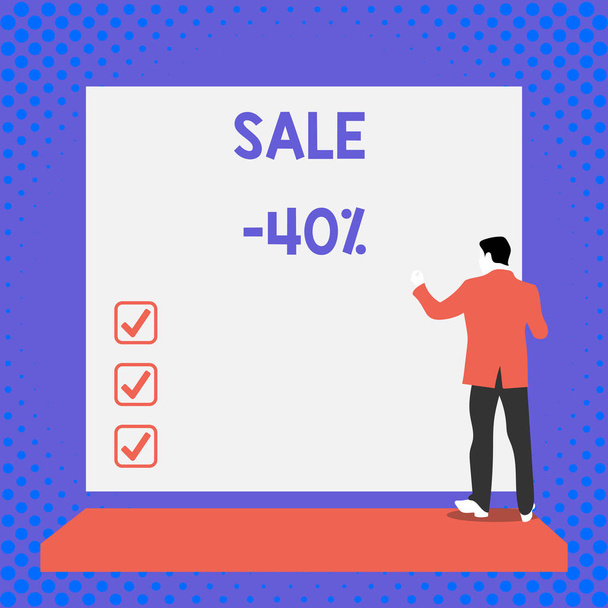 Text sign showing Sale 40 Percent. Conceptual photo A promo price of an item at 40 percent markdown Back view young man dressed suit standing platform facing blank rectangle. - Photo, Image