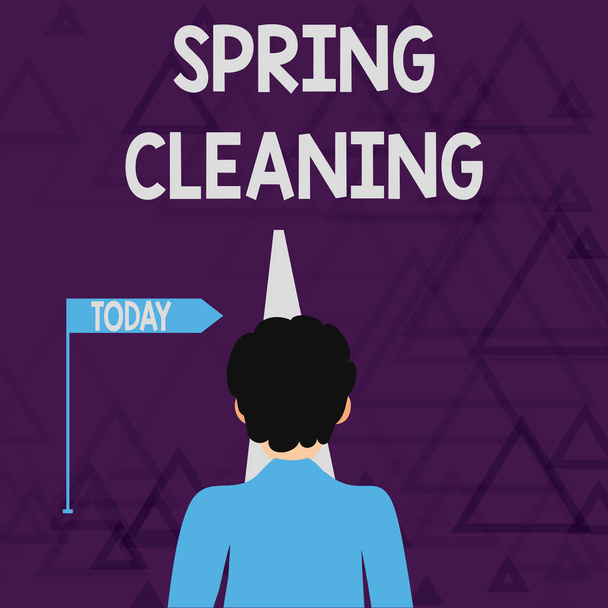 Writing note showing Spring Cleaning. Business photo showcasing practice of thoroughly cleaning house in the springtime Man Facing Distance and Blocking the View of Straight Narrow Path. - Photo, Image