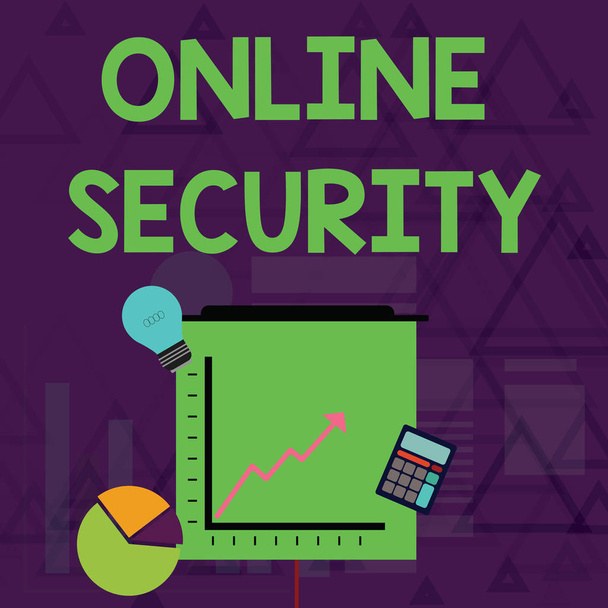 Writing note showing Online Security. Business photo showcasing rules to protect against attacks over the Internet Investment Icons of Pie and Line Chart with Arrow Going Up. - 写真・画像