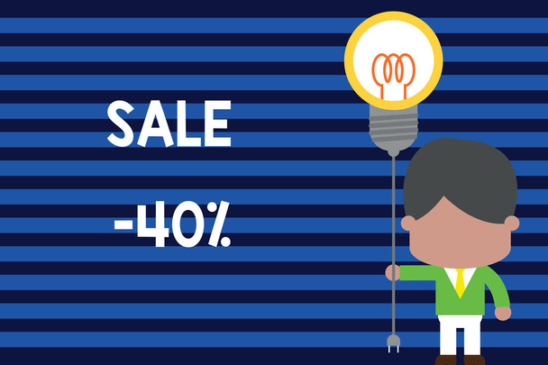 Writing note showing Sale 40 Percent. Business photo showcasing A promo price of an item at 40 percent markdown Standing man tie holding plug socket light bulb Idea Startup. - Photo, Image