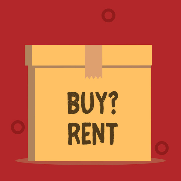 Word writing text Buy Question Rent. Business concept for Group that gives information about renting houses Close up front view open brown cardboard sealed box lid. Blank background. - 写真・画像