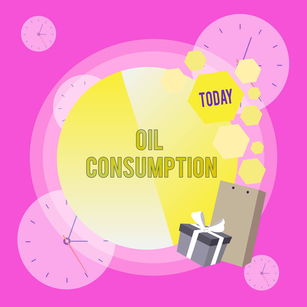 Conceptual hand writing showing Oil Consumption. Business photo showcasing This entry is the total oil consumed in barrels per day Greeting Card Poster Gift Package Box Decorated by Bowknot. - Photo, Image