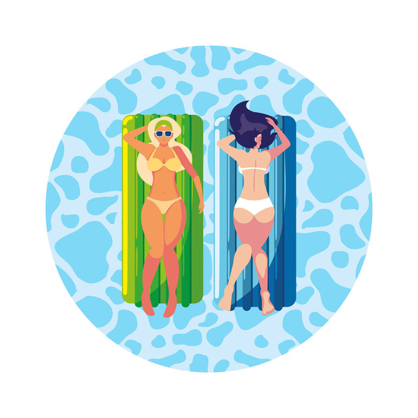 beautiful girls with float mattress floating in water - Vector, Image