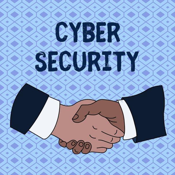 Handwriting text Cyber Security. Concept meaning Protect a computer system against unauthorized access Hand Shake Multiracial Male Business Partners Colleagues Formal Shirt Suit. - Foto, Bild
