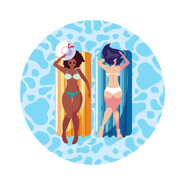 beautiful interracial girls with float mattress in water - Vector, Image