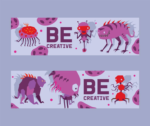 Be creative set of banners vector illustration. Cartoon monstrous character with many legs, eyes, creature or funny gremlin on halloween for kids. Ugly ufo beasts for invitation cards. - Vector, Image