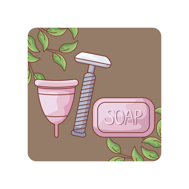 менструальная чашка с мылом и бритвой парикмахер одноразовый в рамке
 - Вектор,изображение