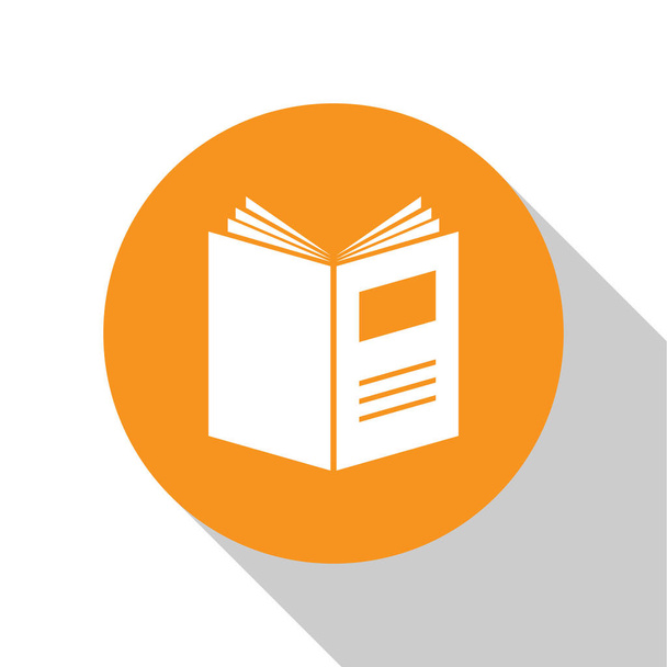 White Open boek pictogram geïsoleerd op witte achtergrond. Oranje cirkel knop. Vector Illustratie - Vector, afbeelding