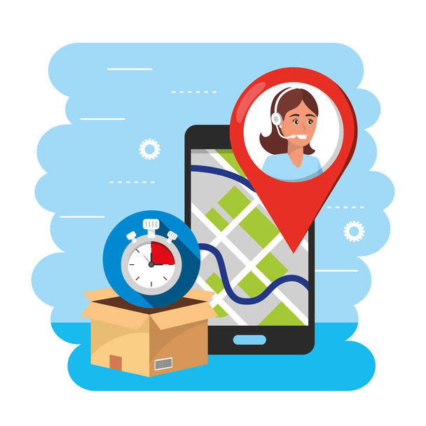 Smartphone GPS-Karte und Call Center Agent zum Service - Vektor, Bild