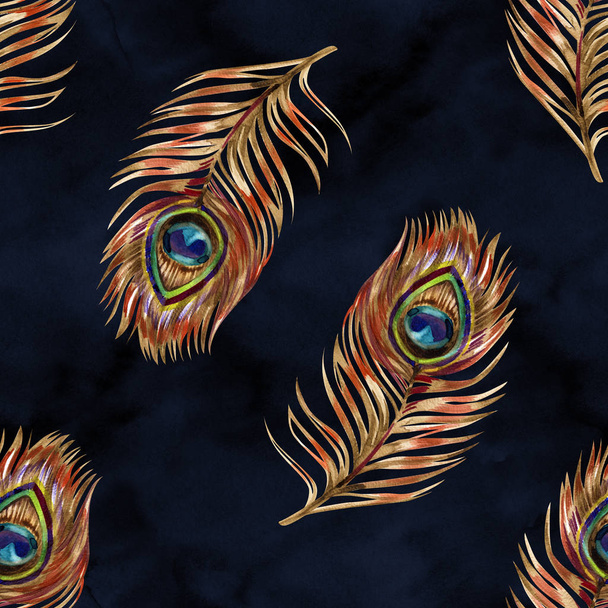 Seamless watercolor pattern with gold peacock feathers - Foto, Imagem