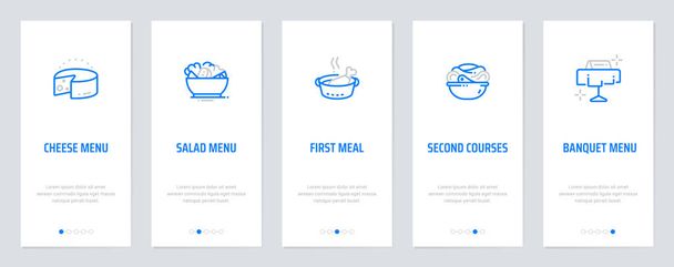 Kaas menu, salade menu, eerste maaltijd, tweede gangen, banket menu verticale kaarten met sterke metafoor. - Vector, afbeelding