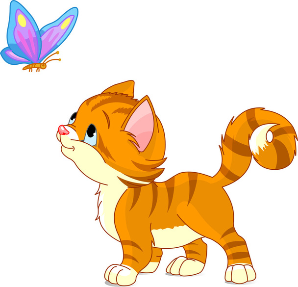 Kitten looking to butterfly - Vector, Image