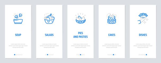 Soup, Salads, Pies, Cakes, Dishes Vertical Cards with strong metaphors. - Vector, Image