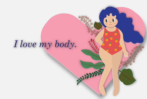 A plump girl wear bathing suit and leaves with big heart. - Vector, Image