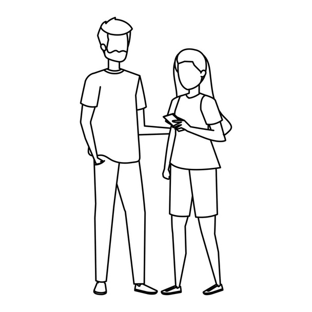young couple using smartphone characters - Wektor, obraz