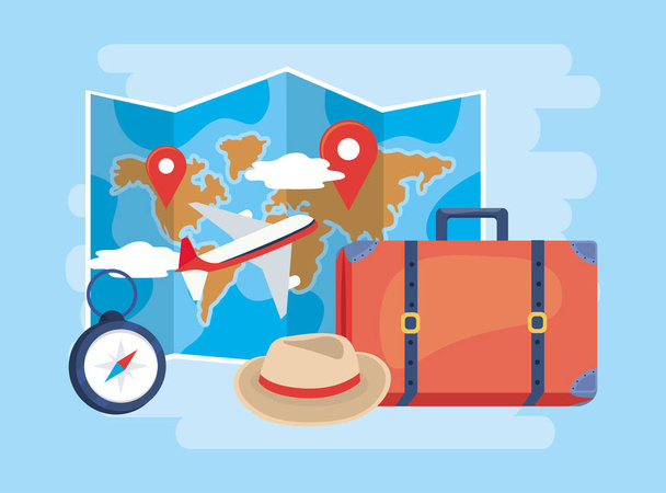globalna lokalizacja na mapie z samolotem i bagażem - Wektor, obraz
