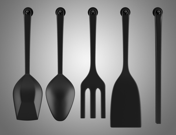Set von fünf Küchenutensilien isoliert auf grauem Hintergrund - Foto, Bild