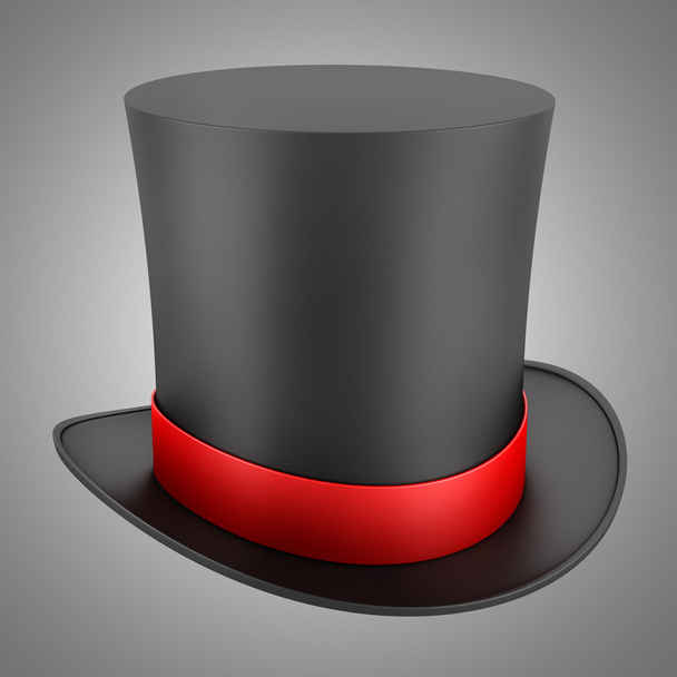 μαύρο ημίψηλο καπέλο του με κόκκινη ταινία που απομονώνονται σε γκρι φόντο - Φωτογραφία, εικόνα
